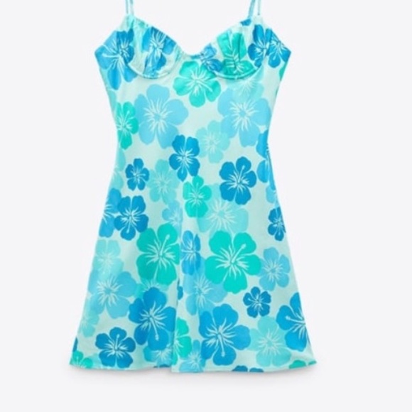 Zara Hawaiian Print Blue Island Dress NWT - Picture 4 of 9